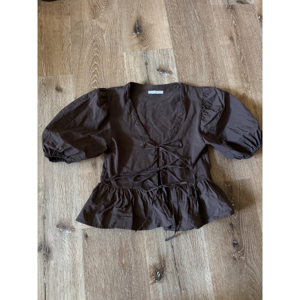Zara Brown Cotton Puff Sleeve Tie Front Peplum Top Size S